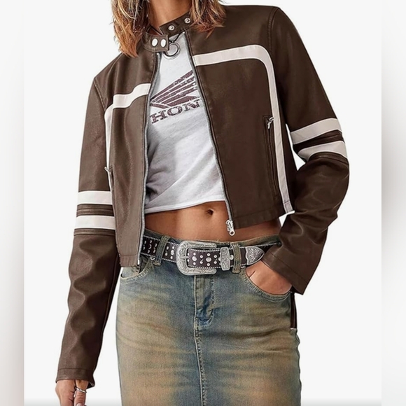 anrabess Jackets & Blazers - Anrabess Brown And White Motorcycle Jacket Faux Leather NWT XL